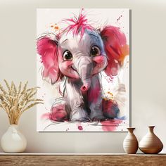 an elephant with pink ears sitting on a shelf