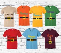 7 Dwarfs Tees Bella Canvas  4.2 oz./yd² (US) 7 oz./L yd (CA), 100% airlume combed and ringspun cotton, 32 singles Ash is 99/1 airlume combed and ringspun cotton/polyester Retail fit Unisex sizing Coverstitched collar and sleeves Shoulder-to-shoulder taping Side seams Tear away label How to Care for your Custom:  Hand Wash and Hang, or Machine Wash Cold, Tumble Dry Low Thank you! Stay Empowered! 7 Dwarfs Costume, Dwarfs Costume, Disney Silhouette, Handmade Gift Wrap, Costume Halloween, Love And Light, Workout Tee