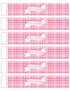 three pink and white checkered coupons with love potion, love button, love bottom