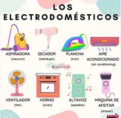 the spanish poster shows different types of household appliances and things that are used in this language