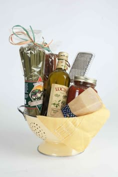 a basket filled with condiments and spices