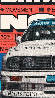 an advertisement for a bmw race car with the number nine on it's front