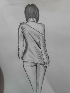 a pencil drawing of a woman's back in a short skirt and blazer