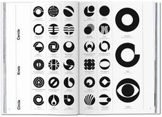 an open book with black and white graphic on it's pages, showing different types of logos