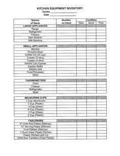 the kitchen equipment inventory sheet is shown