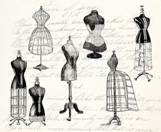 several mannequins and dresses on display in front of an old paper background