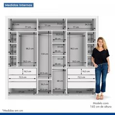 a woman standing in front of a closet with measurements for the doors and drawers on each side