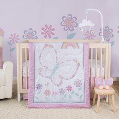 Floral Butterfly 4 Piece Crib Bedding Set in a stylized room Butterfly Crib Bedding, Leaves Border, Butterfly Flying, Butterfly Nursery, Baby Crib Bedding Sets, Nursery Quilt, Big Floral, Flowers Growing, Girls Bedding Sets