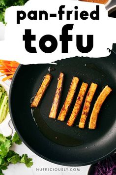 pan fried tofu in a frying pan with the title overlay