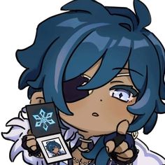 an anime character with blue hair holding a cell phone