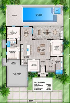 an aerial view of the floor plan for a house with swimming pool and hot tub