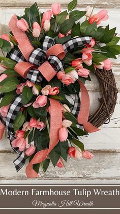 the modern farmhouse tulip wreath with pink flowers and green leaves