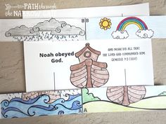 three different colored papers with noah's ark and rainbows in the sky on them