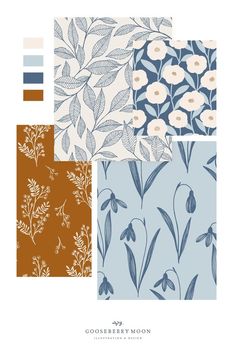 four different patterns with flowers and leaves in blue, brown, beige and white colors