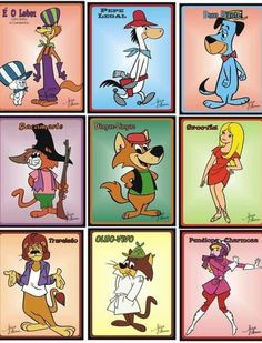 cartoon characters are depicted in different colors and sizes, including one with a dog on the front