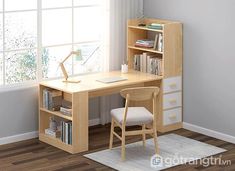 a computer desk with a chair and bookshelf in front of a large window