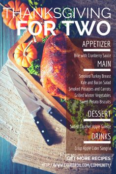 the cover of thanksgiving cooking for two, featuring turkey and other foods on a cutting board