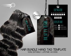 hair bundle hang tag template with long wavy hair and tags on the back of it