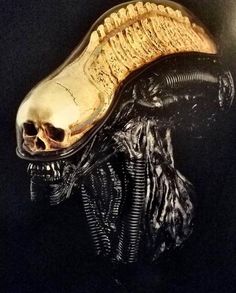 an alien head is shown in black and gold