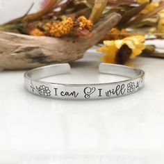 This Cuff Bracelets item by StampinStitchin has 75 favorites from Etsy shoppers. Ships from Garrettsville, OH. Listed on Jan 16, 2024 Motivational Bracelets, Mantra Bracelet, Stamped Bracelet, Encouragement Gifts, Floral Spray, Hand Stamped Jewelry, Name Jewelry, Pretty Bracelets, Silver Bars