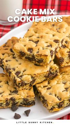 chocolate chip cookie bars stacked on top of each other with text overlay that reads cake mix cookie bars