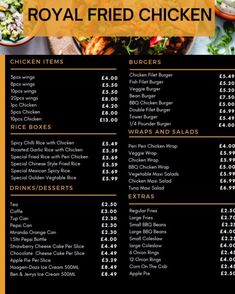 the royal fried chicken menu is shown in black and orange colors, with prices on each side