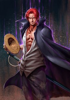 an anime character with red hair and blue cape holding a tennis racket in his right hand