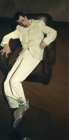 a painting of a man in a white suit sitting on a brown chair with his hands behind his head