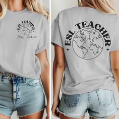 The custom ESL Teacher Shirt is a personalized t-shirt, thoughtfully designed for educators teaching English as a second language, highlighting their role in promoting bilingual diversity. This shirt is a perfect gift for ELL teachers, celebrating their dedication to creating inclusive multilingual educational environments. Unisex Jersey Tee- Soft cotton, lightweight, breathable, and easy to layer 🎀 Ash 99% cotton/1% polyester, Heather Blends 52% cotton/48% polyester, Athletic Heather 90% cotto Relaxed Fit Short Sleeve T-shirt For Teaching, Clothes Esl, Educator Gifts, Teacher Clothes, Esl Teachers, Club Shirts, Teacher Outfits, Teacher Tshirts, Text Design