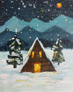 a painting of a cabin in the snow with christmas trees and lights on it's roof