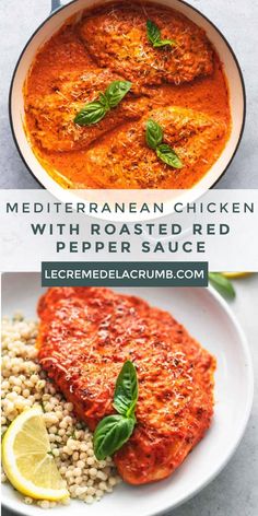 mediterranean chicken with roasted red pepper sauce in a skillet and on a white plate