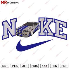 a car with the word nike on it is shown in blue and white letters that spell out