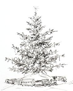 a black and white drawing of a christmas tree in front of a bus stop with people standing around it