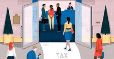 an illustration of people standing in front of a taxi booth with the words tax cuts on it