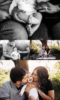 a couple holding their baby while they are posing for pictures in black and white photoshopped together