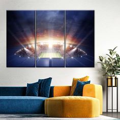 an image of a stadium with lights in the night time canvas wall art print set