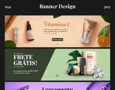 three different webpages for cosmetics and skin care products, one with vitamin c