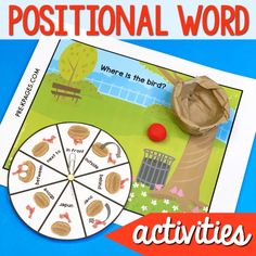 an activity for kids to practice positional word recognition with pictures and words in the background