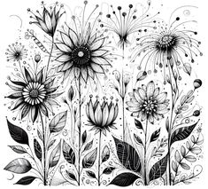 an ink drawing of flowers and leaves