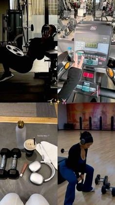 there are many different pictures of people working in the gym