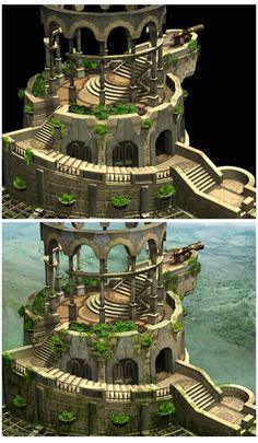 two pictures of a tower with plants growing out of it