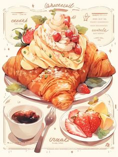 a drawing of a croissant with fruit on it