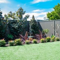 a fenced in backyard with green grass and plants