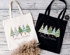 two christmas tree bags on a wooden table