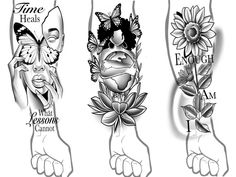 three different tattoo designs with flowers and butterflies on their legs, one in black and white