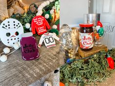 christmas decorations and other items on display in front of a door, with the words jelly club written on them