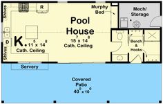 the floor plan for a pool house with two separate rooms and an attached kitchen area