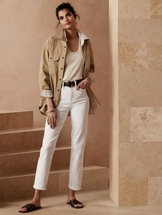 Ultra High-Rise Slim Jean | Banana Republic Factory Long White Jeans Outfit, White Jeans Office Outfit Summer, Arizona Work Outfits, Ivory Denim Jeans Outfit, Cream On Cream Outfit, Cream Denim Jeans Outfit, Spring California Outfits, Creme Jeans Outfit, Casual Chic Outfits Summer Classy Street Styles