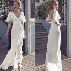 two photos of a woman wearing a white dress and sandals, standing on the sidewalk