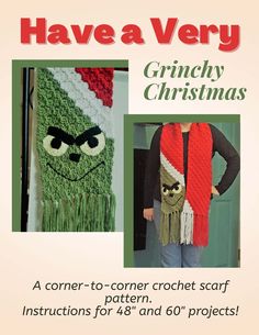 the crochet pattern for a christmas scarf is shown in two different colors and sizes